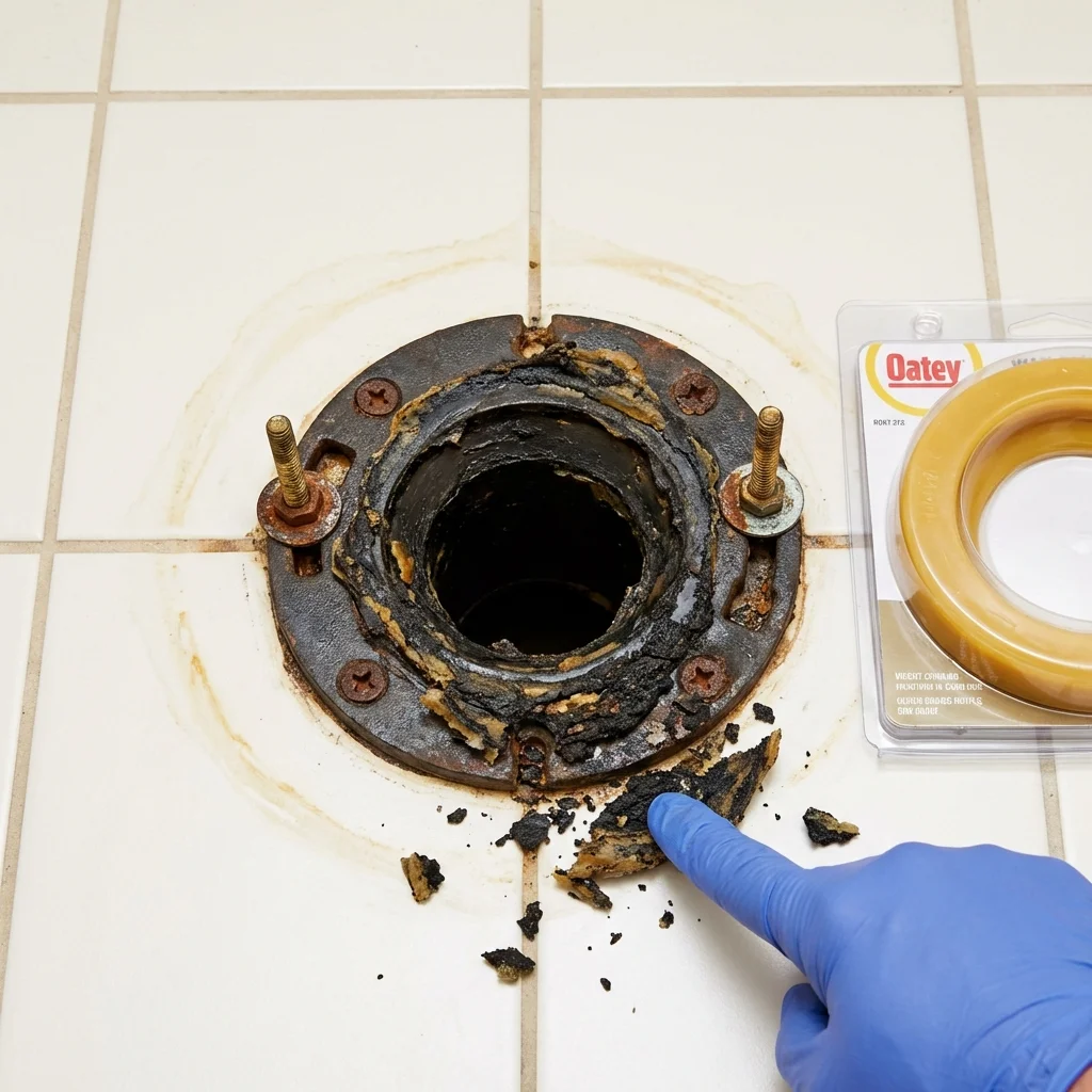 Failed wax ring showing water seepage at the base of a toilet in a Albion, PA home