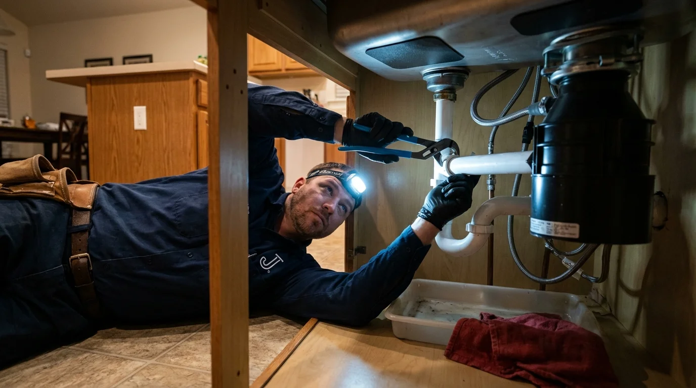 P-trap and supply line connections under a kitchen sink showing a common leak point in Albion, PA